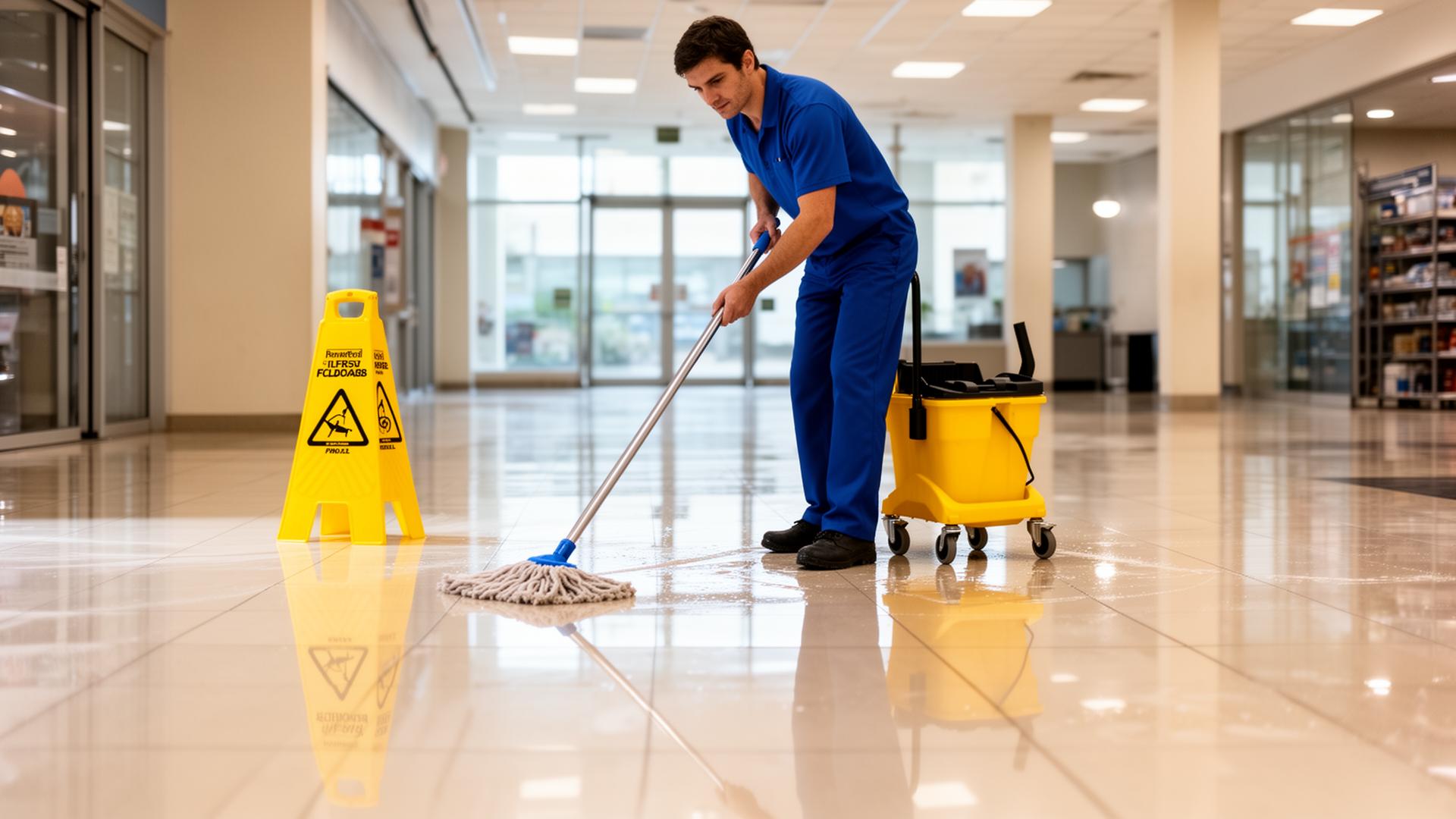 Professional floor mopping in commercial building